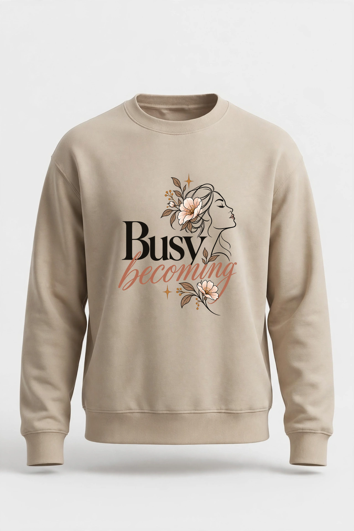 Busy Becoming sweatshirt — SAND crewneck, product front view