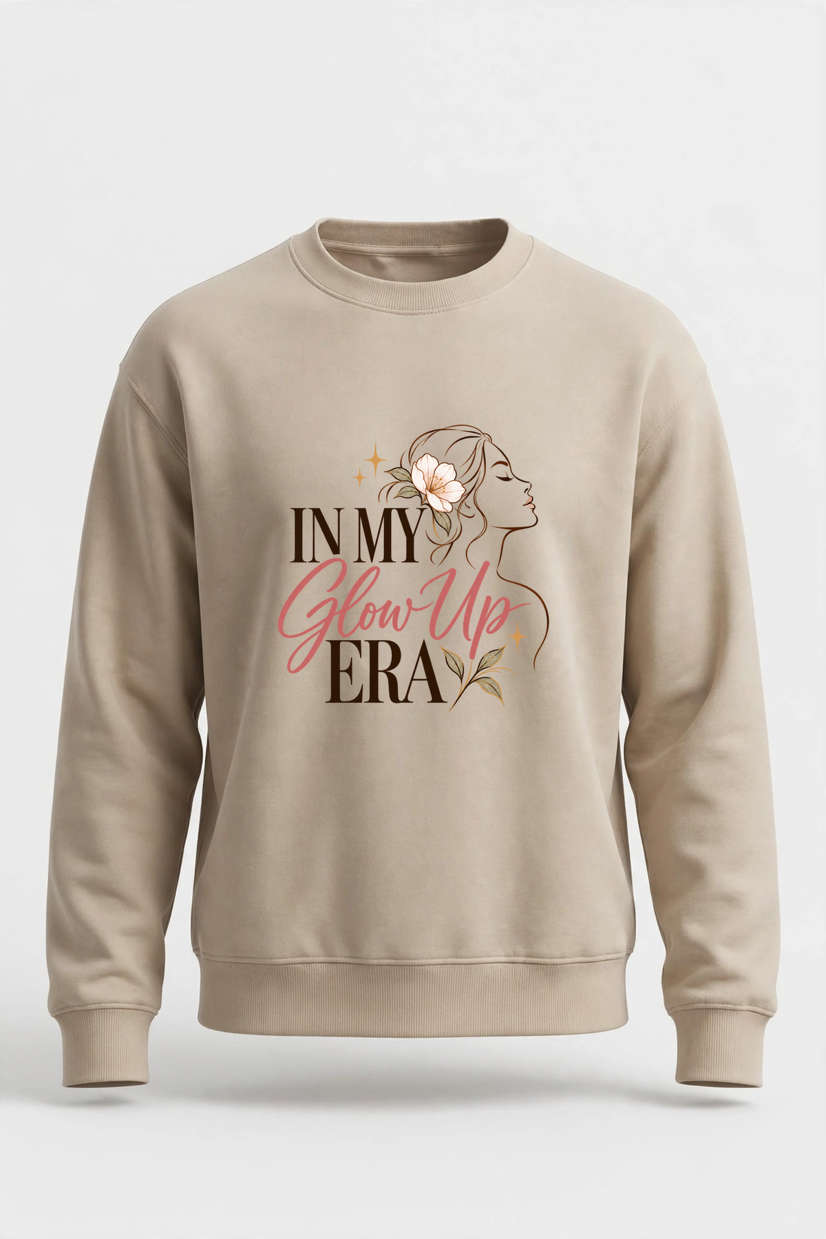 In My Glow Up Era sweatshirt — SAND crewneck, product front view