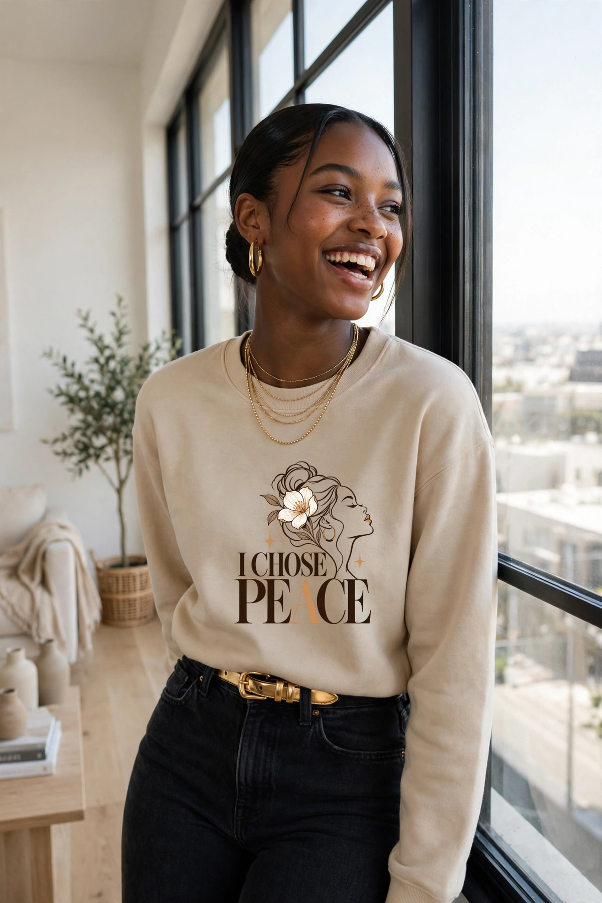 I Chose Peace sweatshirt — SAND crewneck, lifestyle alternate view