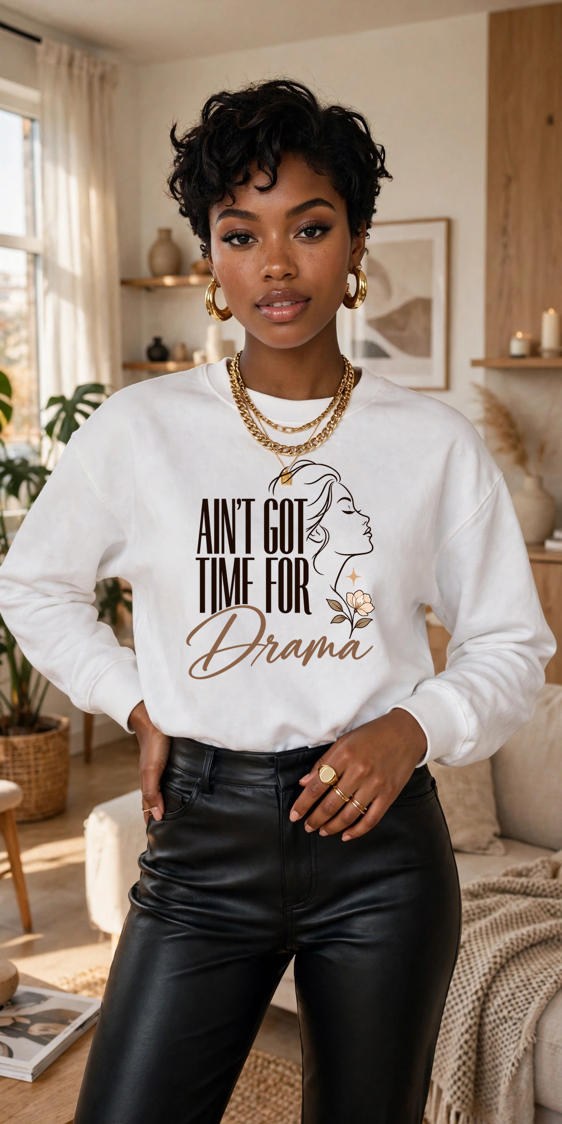 Ain't Got Time for Drama sweatshirt — WHITE crewneck, lifestyle alternate view