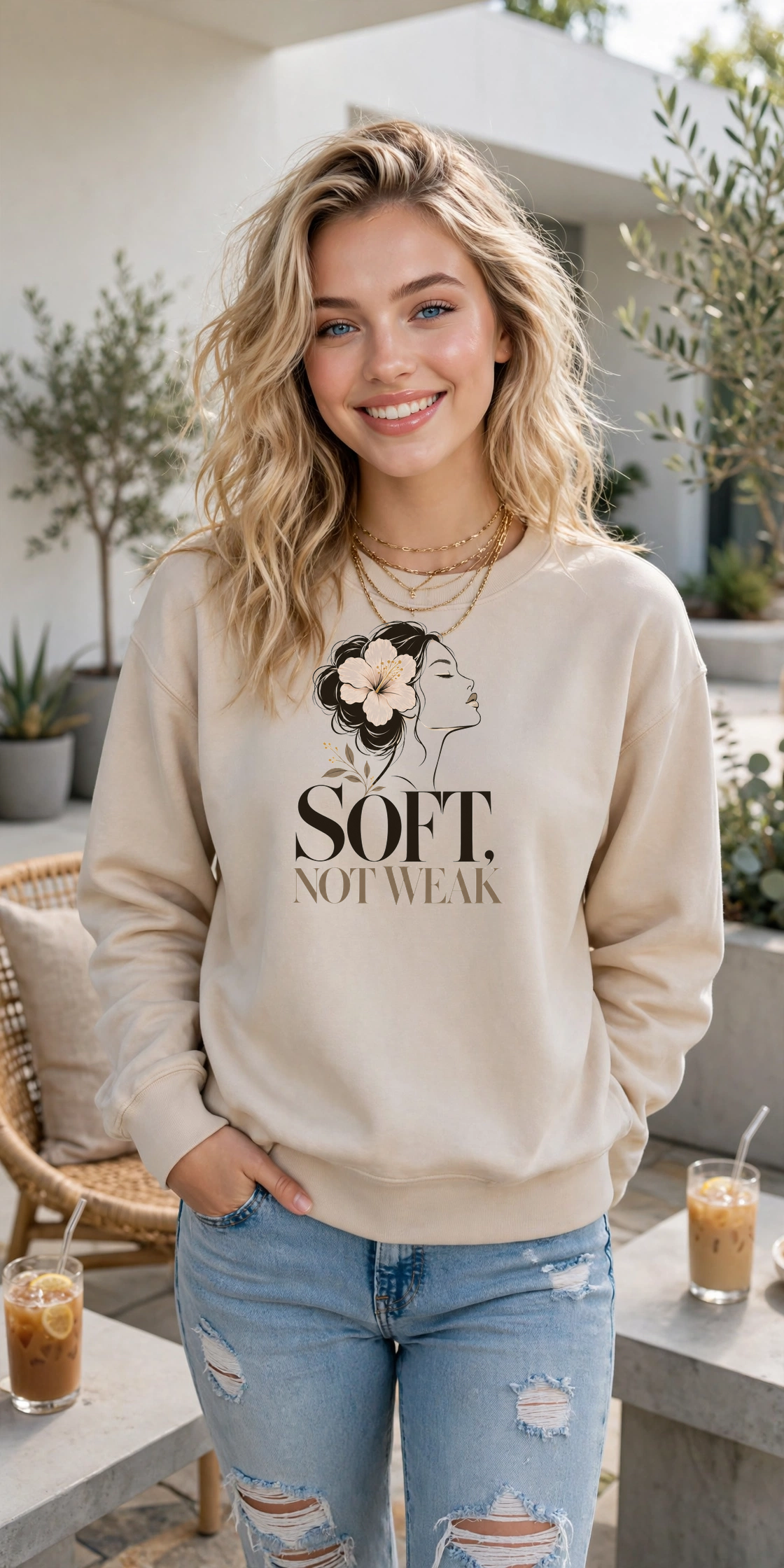 Soft, Not Weak sweatshirt — SAND crewneck, lifestyle alternate view