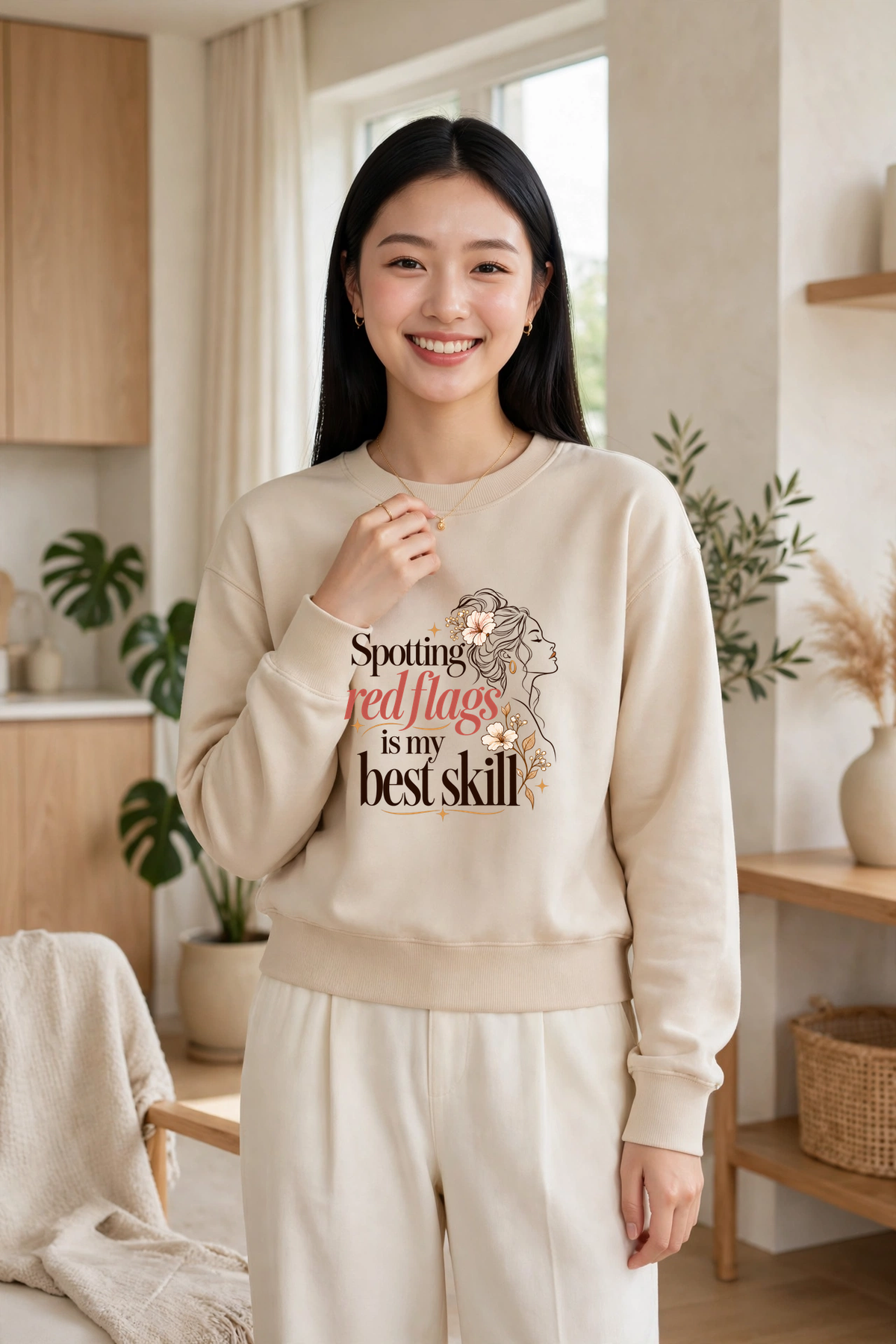 Spotting Red Flags Is My Best Skill sweatshirt — SAND crewneck, lifestyle alternate view