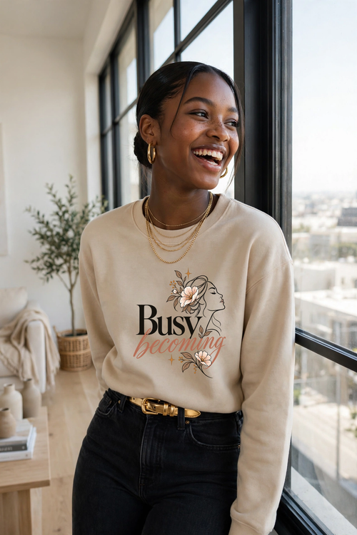 Busy Becoming sweatshirt — SAND crewneck, lifestyle alternate view