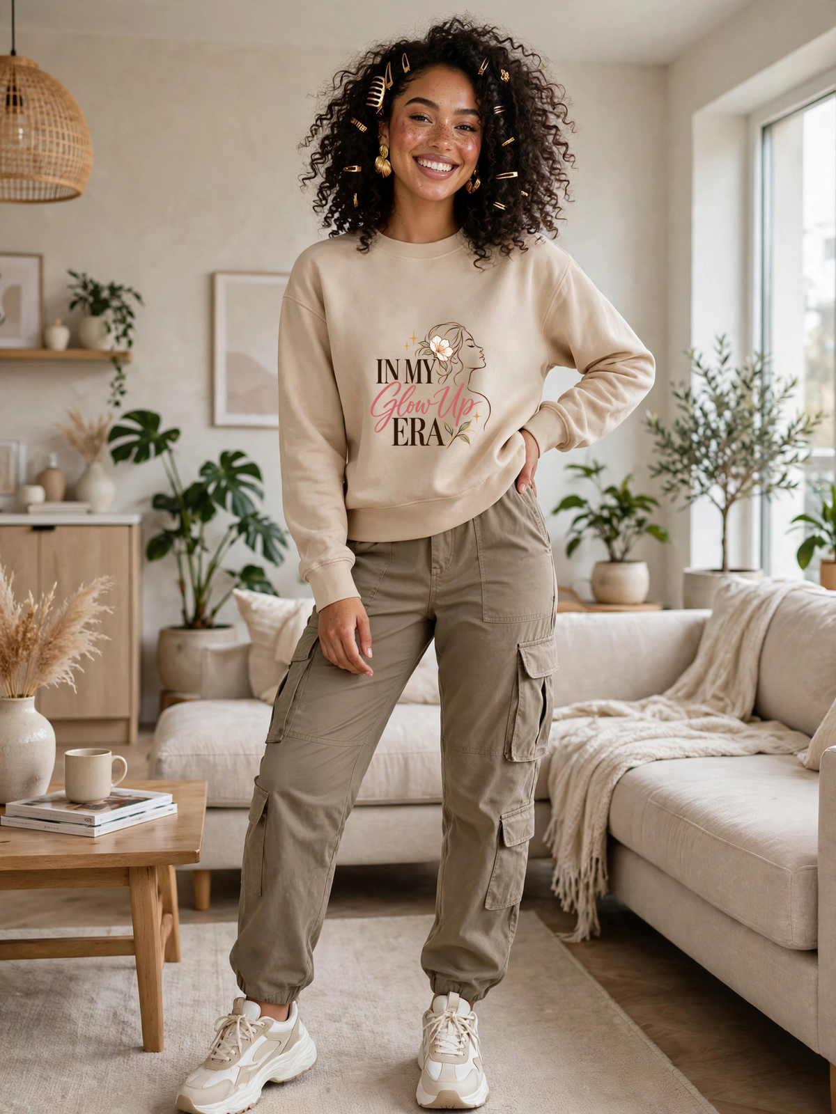 In My Glow Up Era sweatshirt — SAND crewneck, lifestyle alternate view