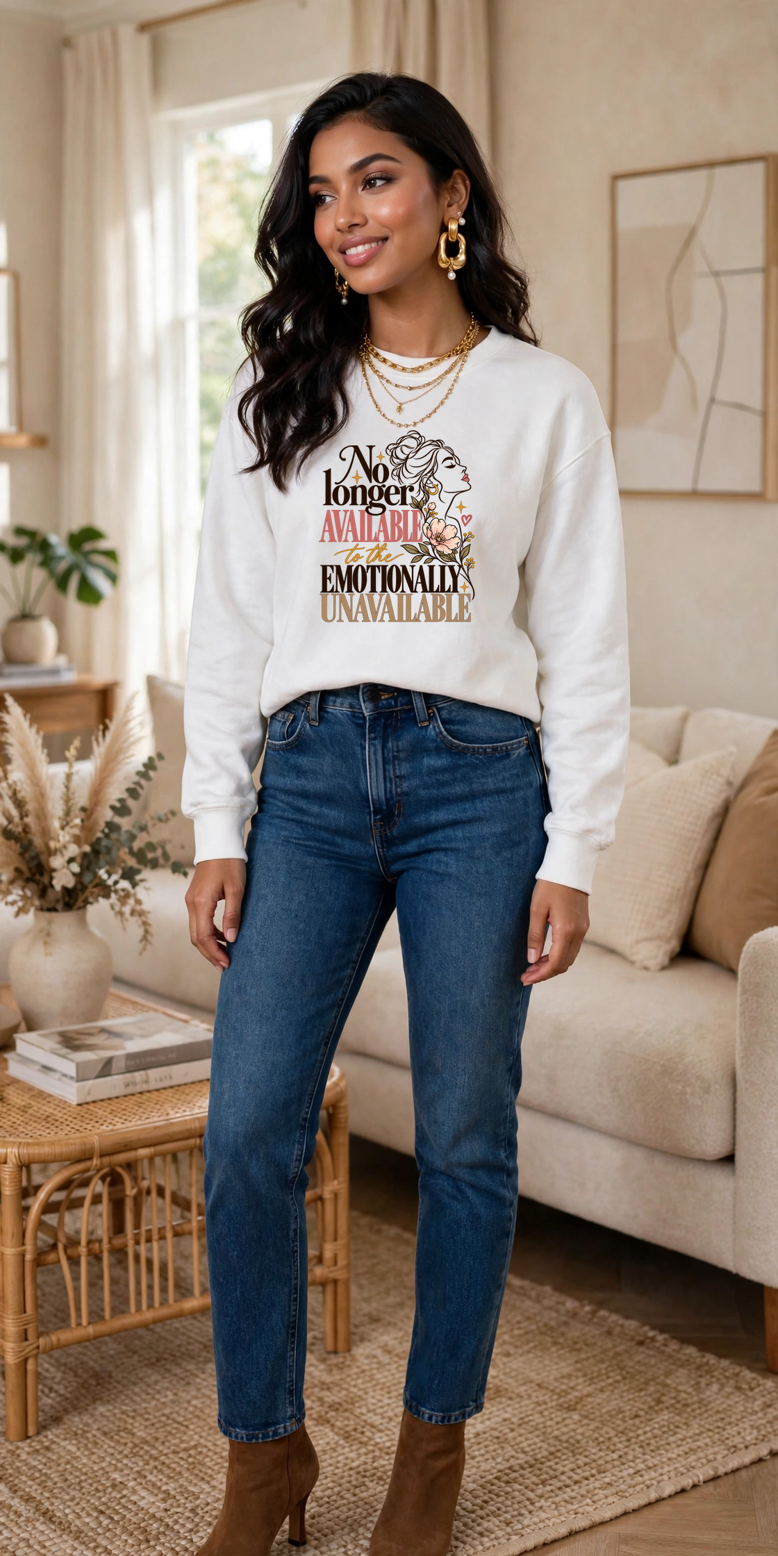 No Longer Available to the Emotionally Unavailable sweatshirt — WHITE crewneck, lifestyle alternate view