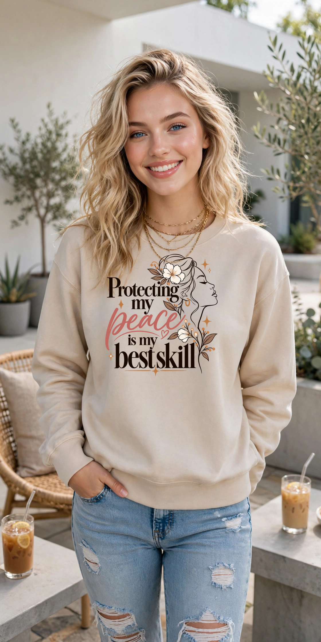 Protecting My Peace Is My Best Skill sweatshirt — SAND crewneck, lifestyle alternate view