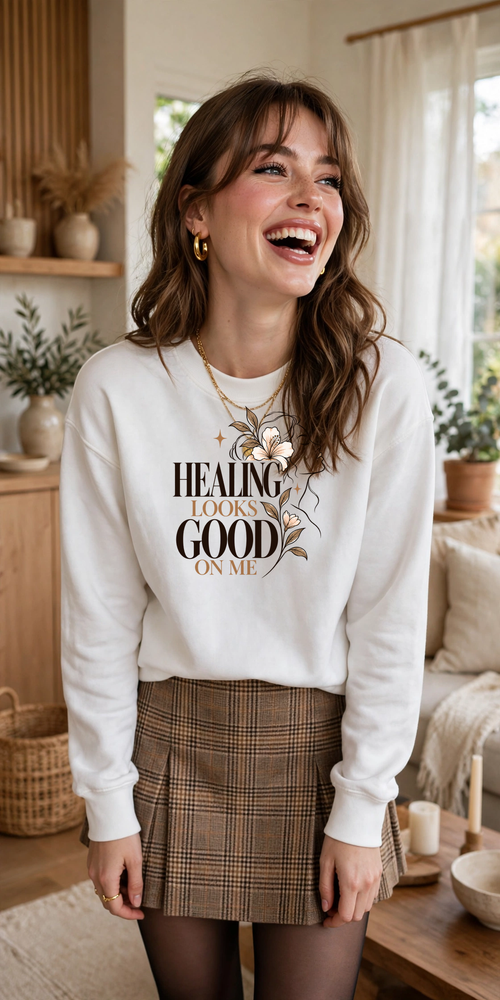 Healing Looks Good on Me sweatshirt — WHITE crewneck, lifestyle alternate view