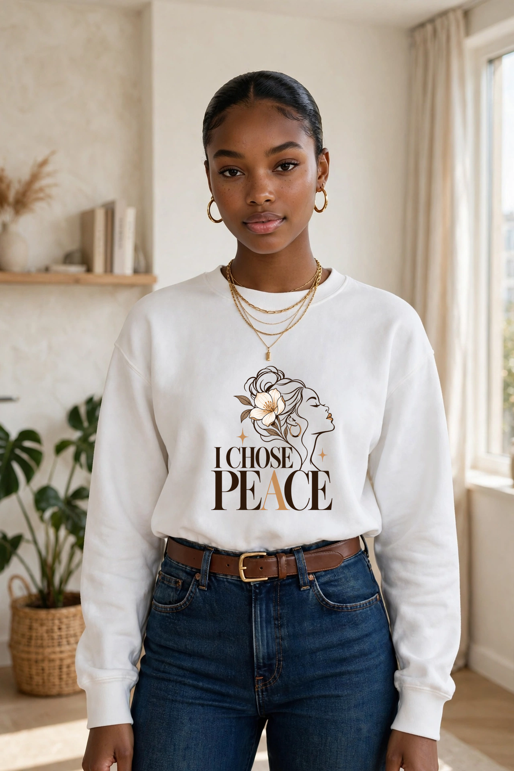 I Chose Peace sweatshirt — WHITE crewneck, model front view