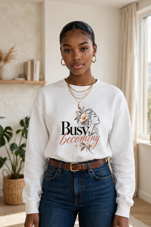 Busy Becoming sweatshirt — WHITE crewneck, model front view