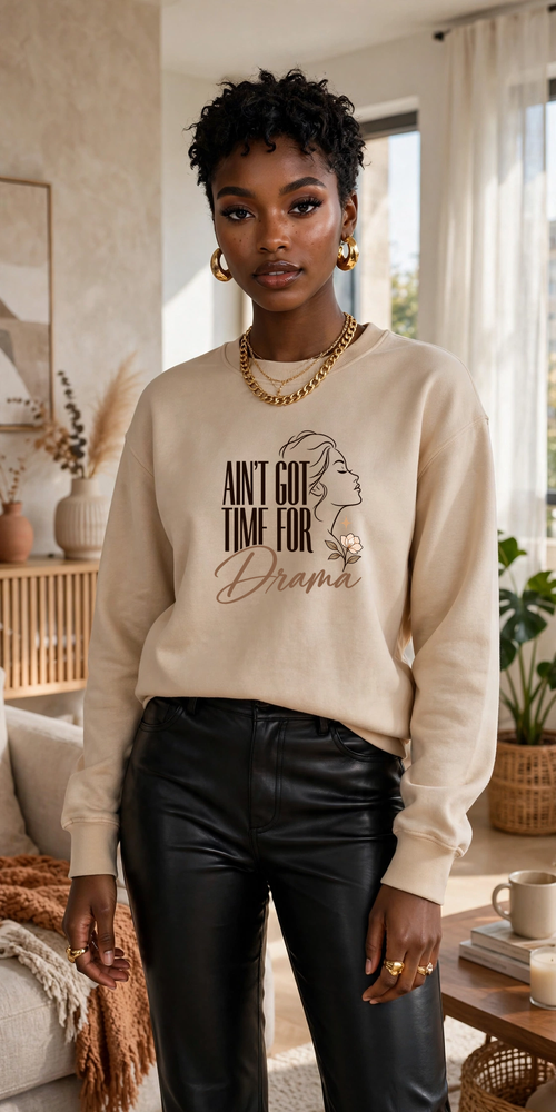 Ain't Got Time for Drama sweatshirt — SAND crewneck, model front view