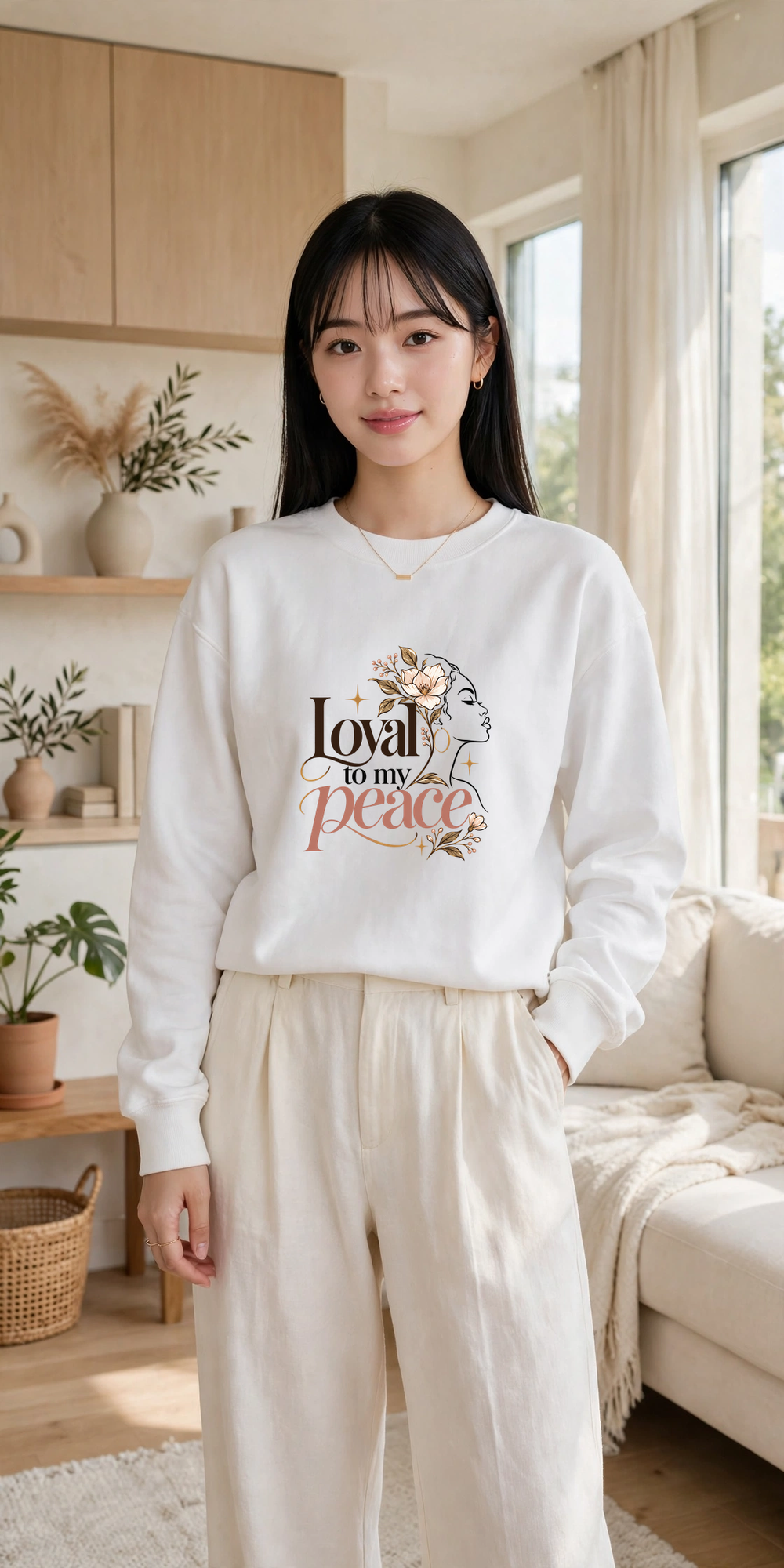 Loyal to My Peace sweatshirt — WHITE crewneck, model front view