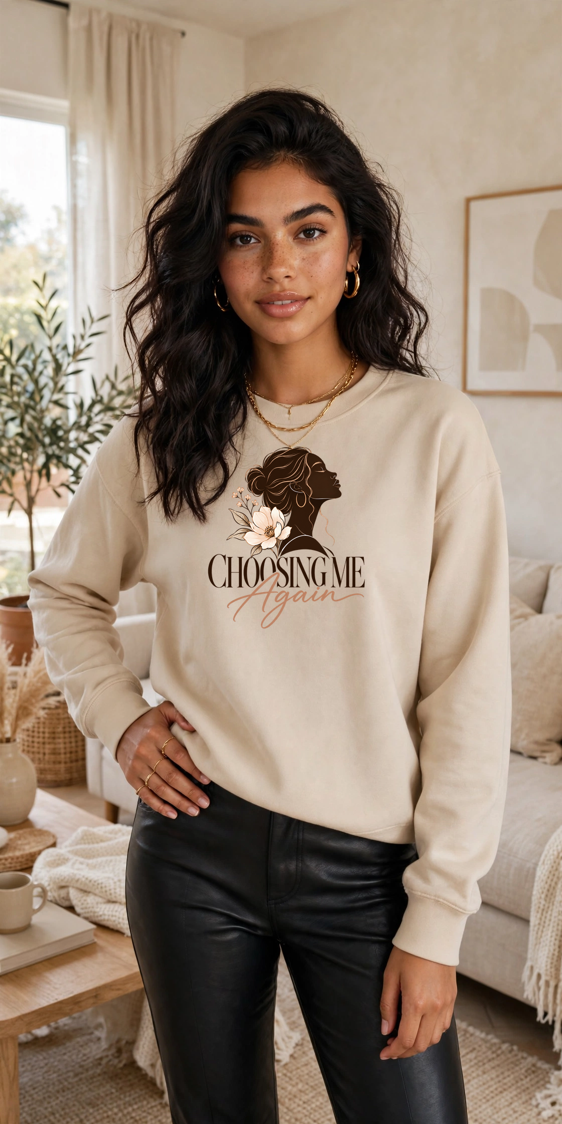 Choosing Me Again sweatshirt — SAND crewneck, model front view