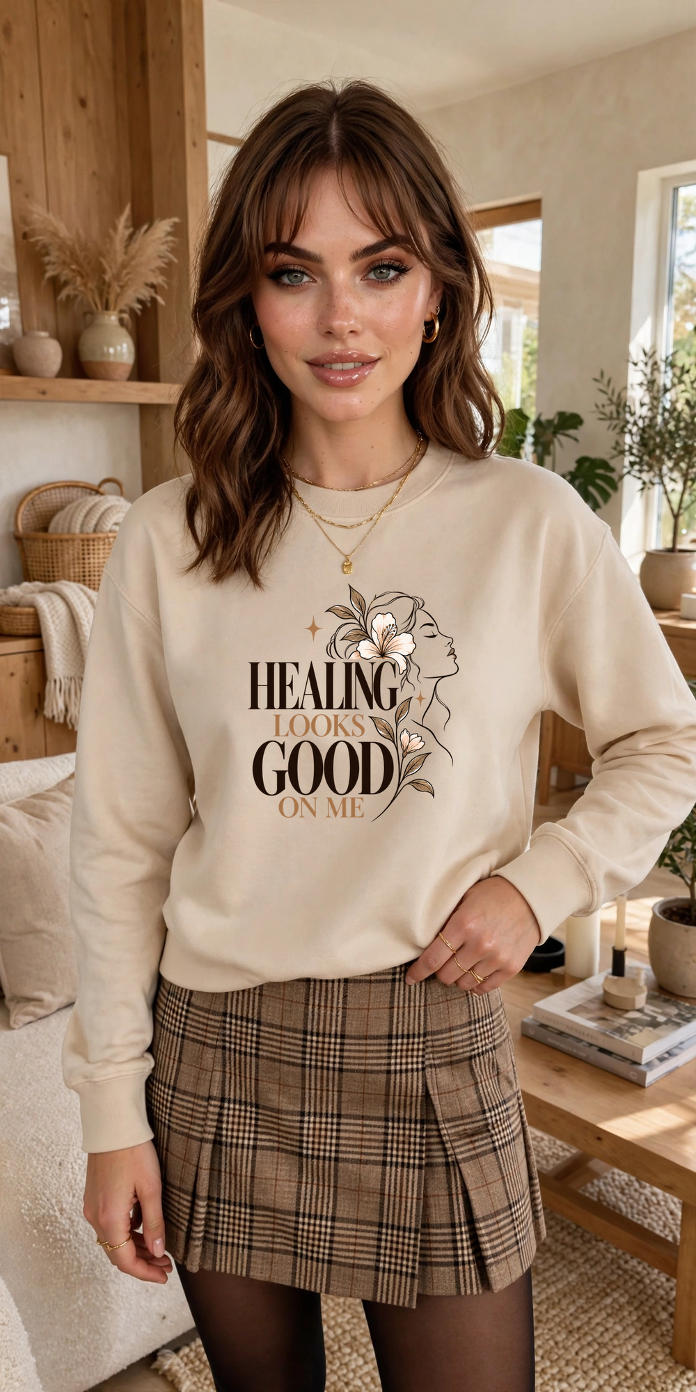 Healing Looks Good on Me sweatshirt — SAND crewneck, model front view