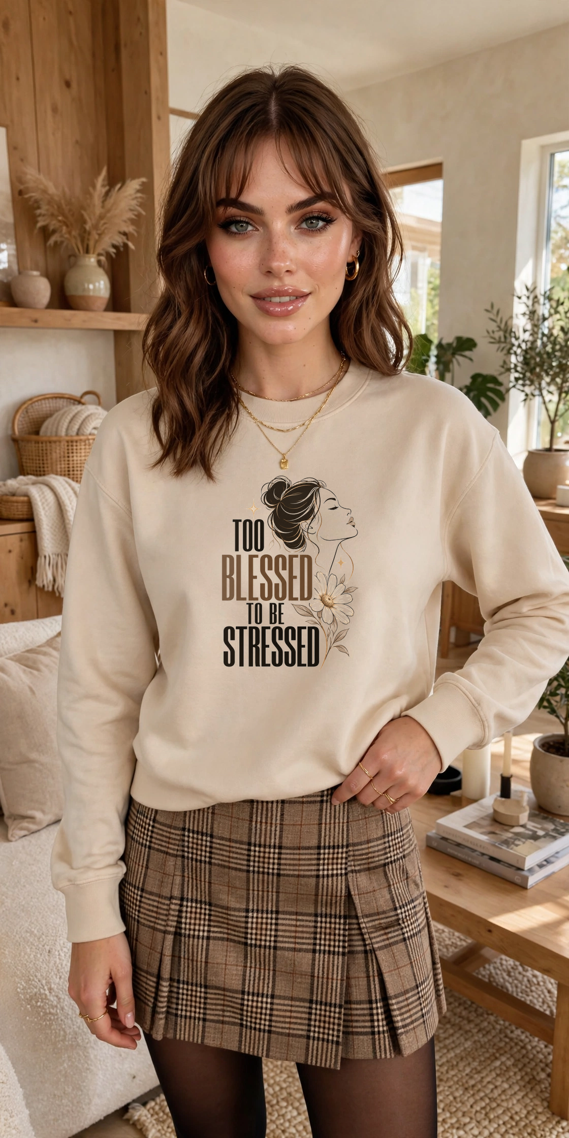 Too Blessed to Be Stressed sweatshirt — SAND crewneck, model front view